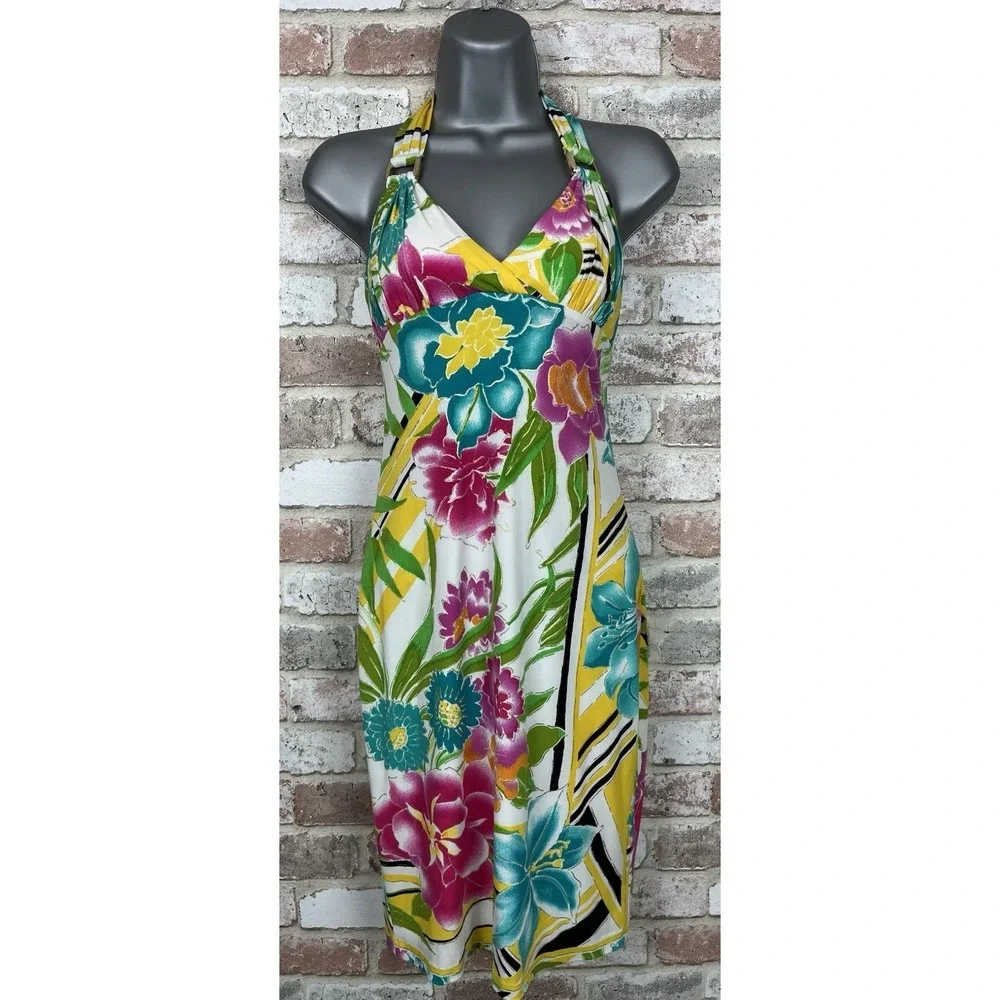 Cache Vintage 90's Tropical Floral Halter Bodycon Stretch Dress - size‎ 0